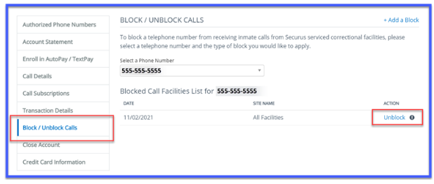 select Block-Unblock Calls