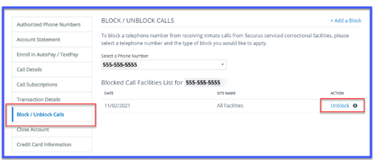 Select Block-Unblock Calls securus