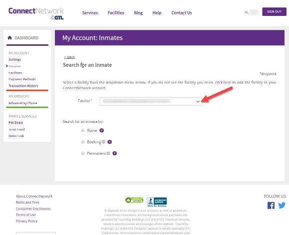 3. Prior to searching for an inmate(s), you must select the facility in which the inmate(s) is(are) currently located.