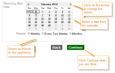 In the Recurring Start Date box, select the date you want to start the recurring payments Jpay