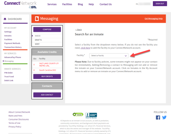 choose the applicable correctional facility located in the section box called Facility on ConnectNetwork 