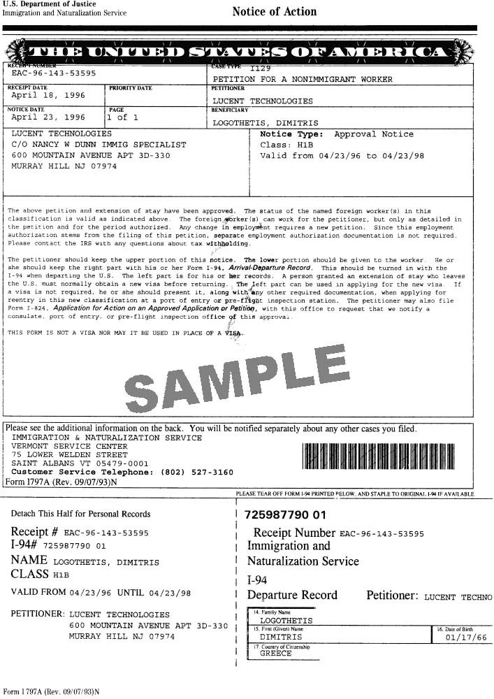 Form I-797 Notice of Action Sample