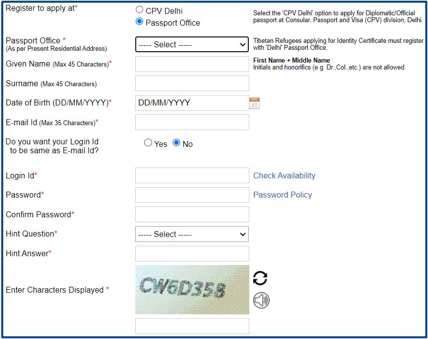 Passport Seva Kendra Registration Form